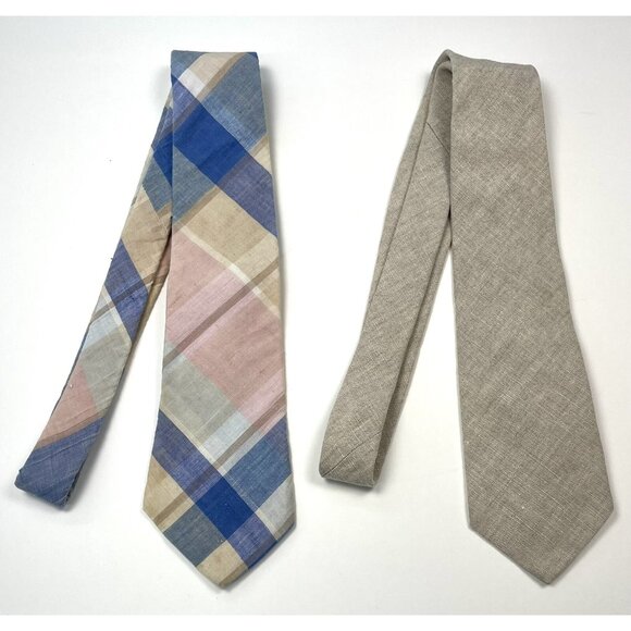 VTG Lot 2 ADAMS ROW Mens NECKTIES Beige Linen & Pastel Madras Plaid Cotton USA - Picture 1 of 5